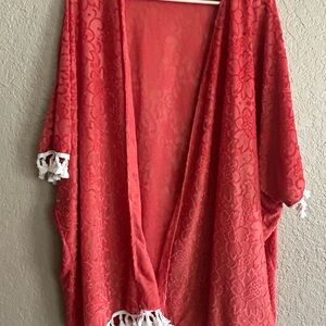 Lady's World Burnt Red Kimono with White Fringe